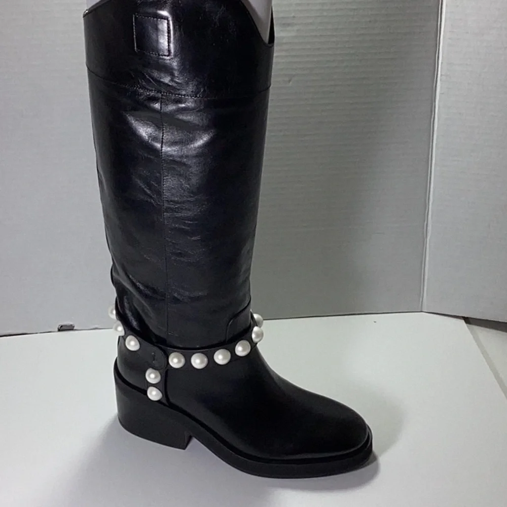 Jimmy Choo Tonya 70 leather boots. Note one pearl is off(refer to the picture)